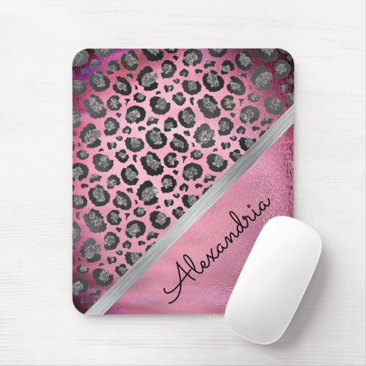 Glittery Leopard Print op Glossy Hot Pink iPad P Muismat (Met muis)
