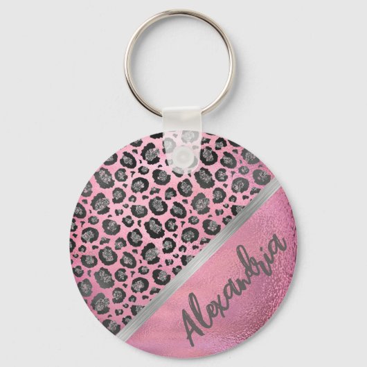 Glittery Leopard Print op Glossy Hot Pink Sleutelhanger (Voorkant)