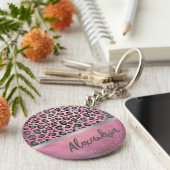 Glittery Leopard Print op Glossy Hot Pink Sleutelhanger (Zijkant)