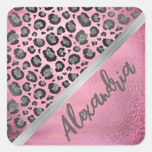 Glittery Leopard Print op Glossy Hot Pink Vierkante Sticker