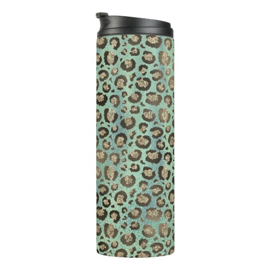 Glittery Leopard Print op groen gepersonaliseerd Thermosbeker (Geroteerd rechts)