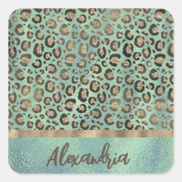 Glittery Leopard Print op groen gepersonaliseerd Vierkante Sticker