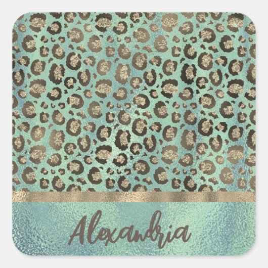 Glittery Leopard Print op groen gepersonaliseerd Vierkante Sticker (Voorkant)