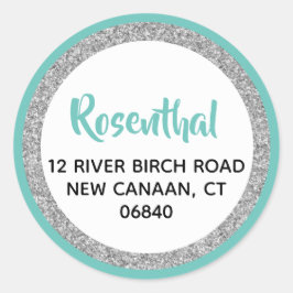 Glittery Licht Blauwgroen & Zilver Retouradres Ronde Sticker