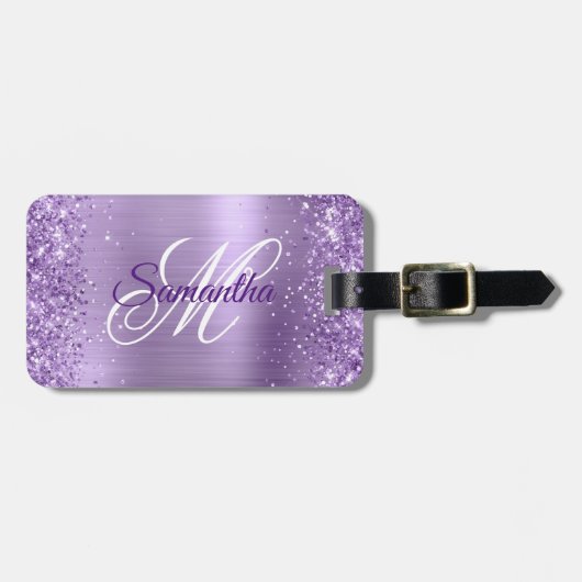 Glittery Licht Paarse Folie Fancy Monogram Bagagelabel (Voorkant horizontaal)