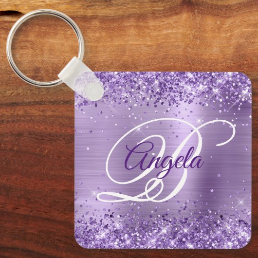 Glittery Licht Paarse Folie Fancy Monogram Sleutelhanger (Voorkant)