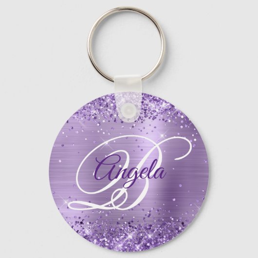 Glittery Licht Paarse Folie Fancy Monogram Sleutelhanger (Voorkant)