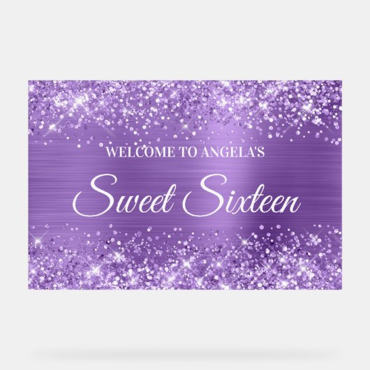 Glittery Licht Paarse Folie Sweet Sixteen Welkom Acryl Bord (Voorkant)