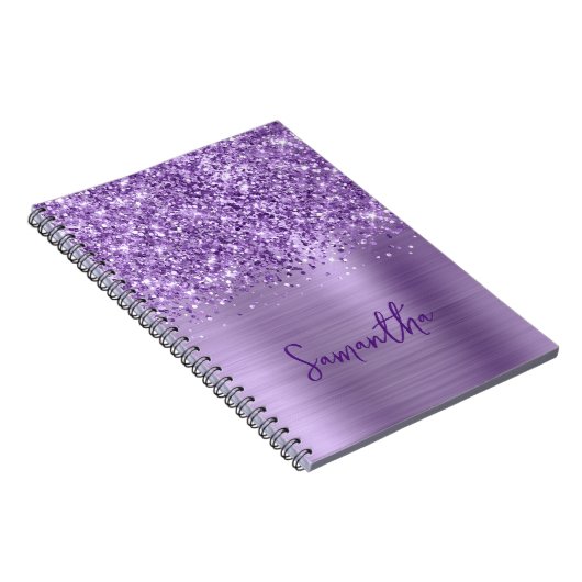 Glittery Licht Paarse Glam Script Naam Notitieboek (Rechterzijde)