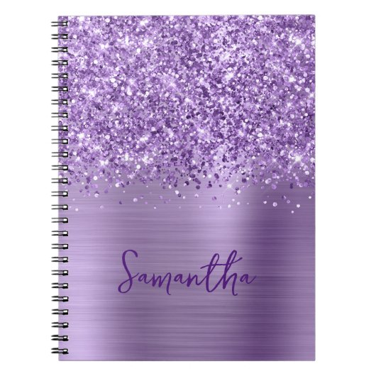 Glittery Licht Paarse Glam Script Naam Notitieboek (Voorkant)
