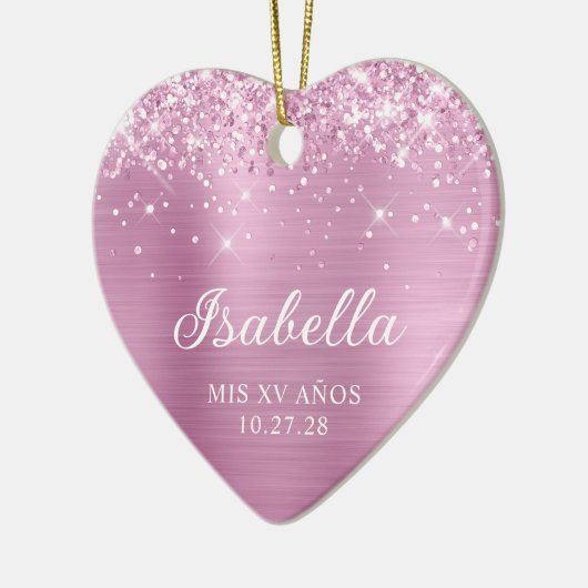 Glittery Licht Roos Roze Folie Mis XV Anos Foto Keramisch Ornament (Links)