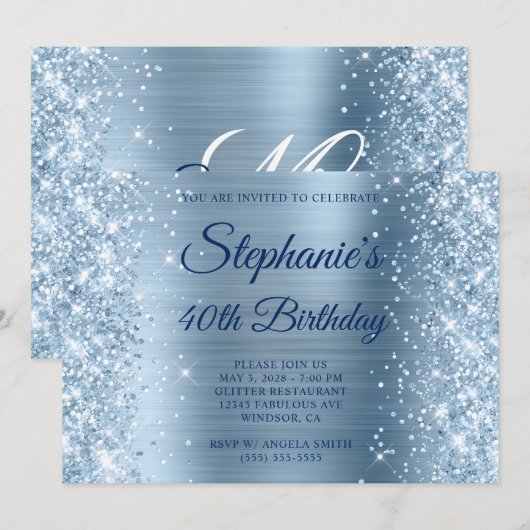 Glittery Lichtblauw Folie Monogram 40e Verjaardag Kaart (Voorkant / Achterkant)