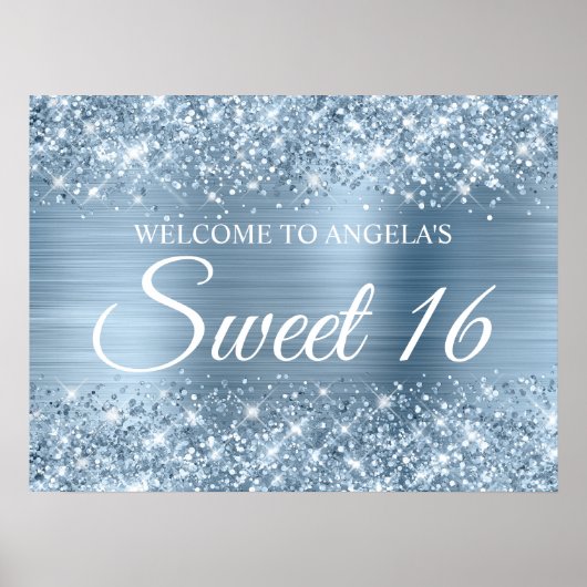Glittery Lichtblauw Folie Sweet 16 Welkom Poster (Voorkant)