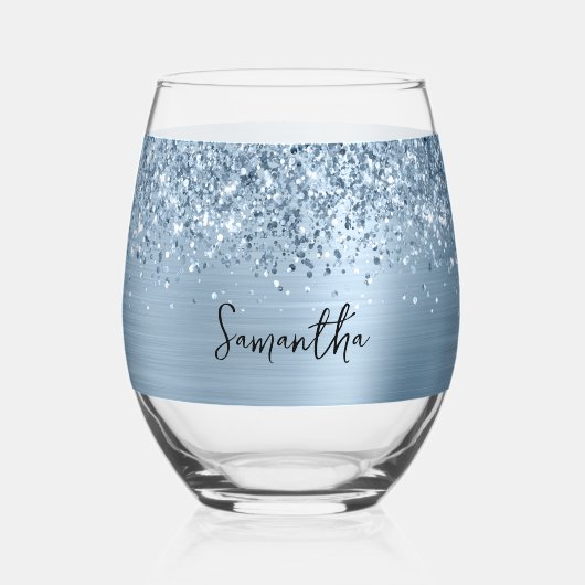 Glittery Lichtblauw Glam Naam Wijnglas Zonder Voet (Voorkant)