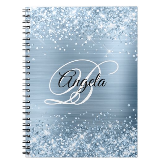 Glittery lichtblauw metallic Fancy monogram Notitieboek (Voorkant)