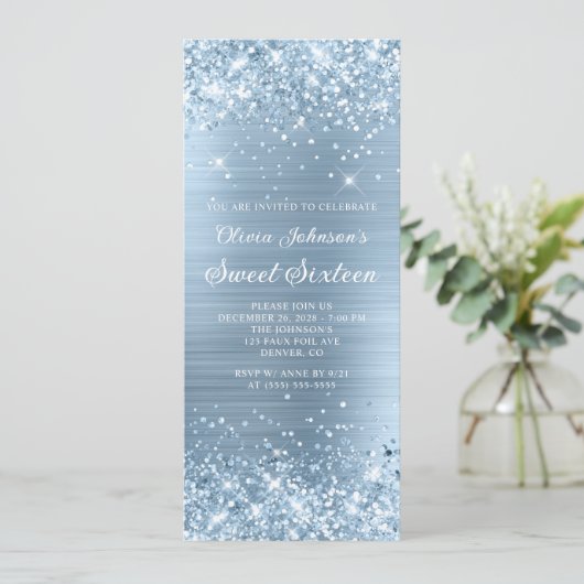 Glittery Lichtblauw Metallic Look Sweet 16 Kaart (Staand voorkant)