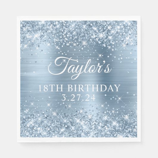 Glittery Lichtblauwe Folie 18e Verjaardag Servet (Voorkant)
