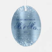 Glittery lichtblauwe Folie onze 1e kerstfoto Metalen Ornament (Voorkant links)