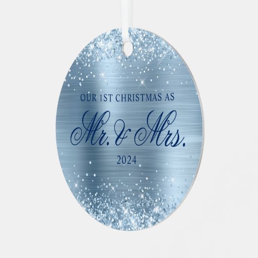 Glittery lichtblauwe Folie onze 1e kerstfoto Metalen Ornament (Voorkant links)