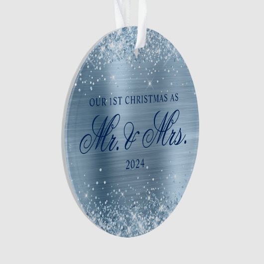 Glittery lichtblauwe Folie onze 1e kerstfoto Ornament (voorkant)