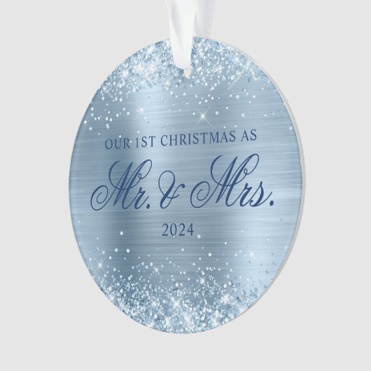 Glittery lichtblauwe Folie onze 1e kerstfoto Ornament (voorkant)