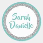 Glittery Light Blauwgroen en Silver Name Favoriet  Ronde Sticker (Voorkant)