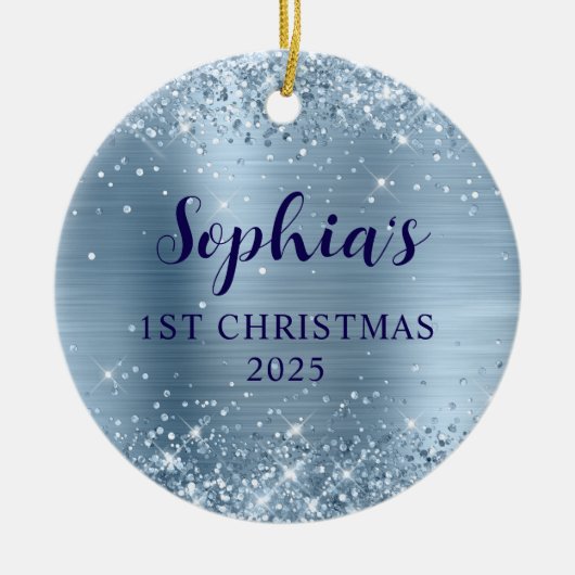 Glittery Light Blue Foil 1st Christmas Photo Keramisch Ornament (Voorkant)