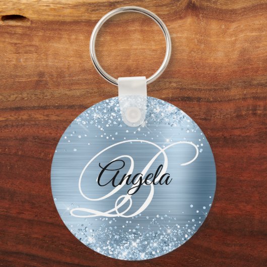 Glittery Light Blue Folie Fancy Monogram Sleutelhanger (Voorkant)