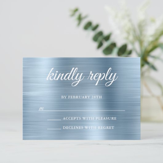 Glittery Light Blue Folie Kindly Reply Wedding RSVP Kaartje (Staand voorkant)