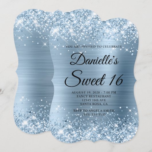 Glittery Light Blue Folie Sweet 16 Kaart (Voorkant / Achterkant)
