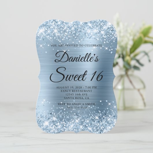 Glittery Light Blue Folie Sweet 16 Kaart (Staand voorkant)