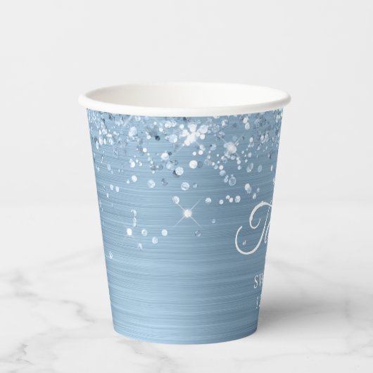 Glittery Light Blue Folie Sweet 16 Papieren Bekers (Voorkant)