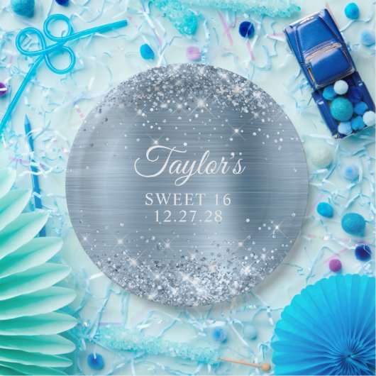 Glittery Light Blue Folie Sweet 16 Papieren Bordje (Feest)