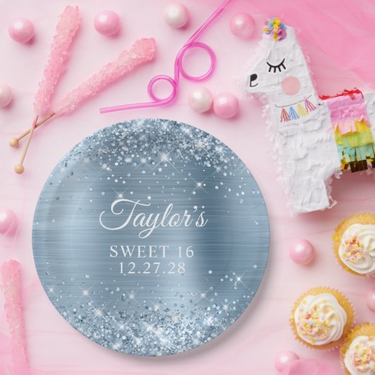 Glittery Light Blue Folie Sweet 16 Papieren Bordje (Feest)