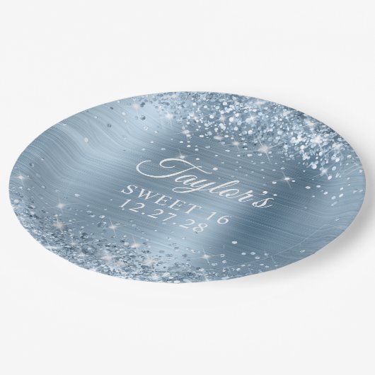 Glittery Light Blue Folie Sweet 16 Papieren Bordje (Gekanteld)