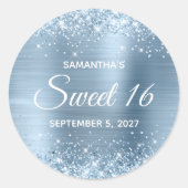 Glittery Light Blue Folie Sweet 16 Ronde Sticker (Voorkant)