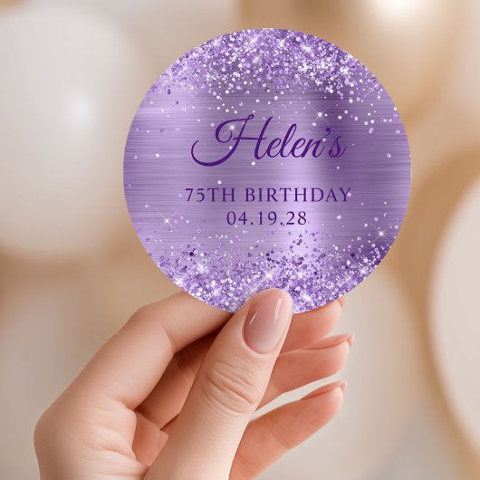 Glittery Light Paarse Folie 75e verjaardag Ronde Sticker