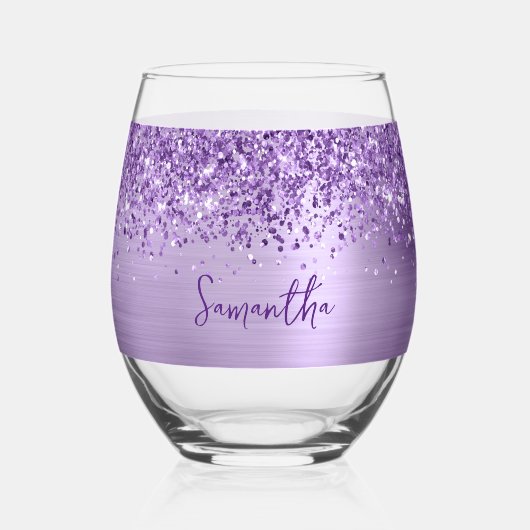 Glittery Light Purple Glam Name Wijnglas Zonder Voet (Voorkant)