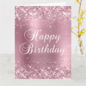 Glittery Light roze Folie Big Happy Birthday Kaart (Gele Bloem)