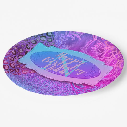 Glittery Lotus Leopard Monogram Papieren Bordje (Gekanteld)