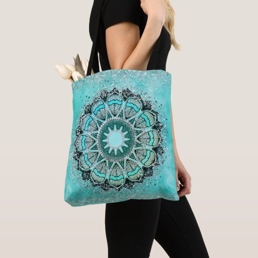 Glittery Lotus Mandala over Blauwgroen Tote Bag (Dichtbij)