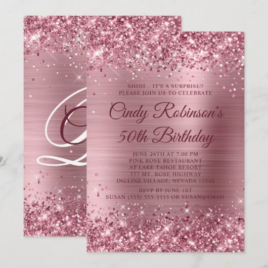 Glittery Medium Roze Folie Verrassing 50e Verjaard Kaart (Voorkant / Achterkant)