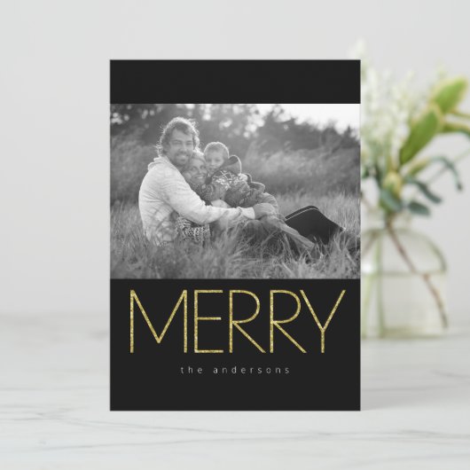 Glittery MERRY 2 Foto Feestdagenkaart (Staand voorkant)