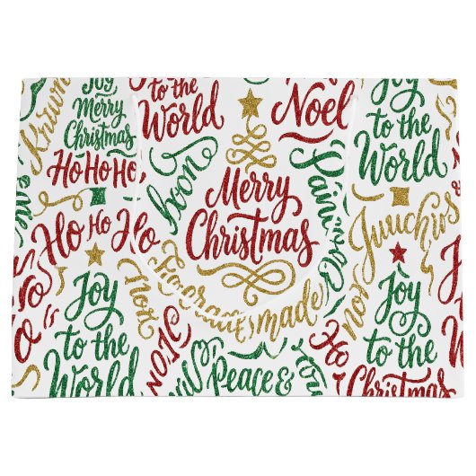 Glittery Merry Christmas and Joy Typography Groot Cadeauzakje (Voorkant)