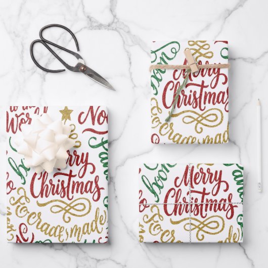 Glittery Merry Christmas and Joy Typography Inpakpapier Vel (Voorkant)
