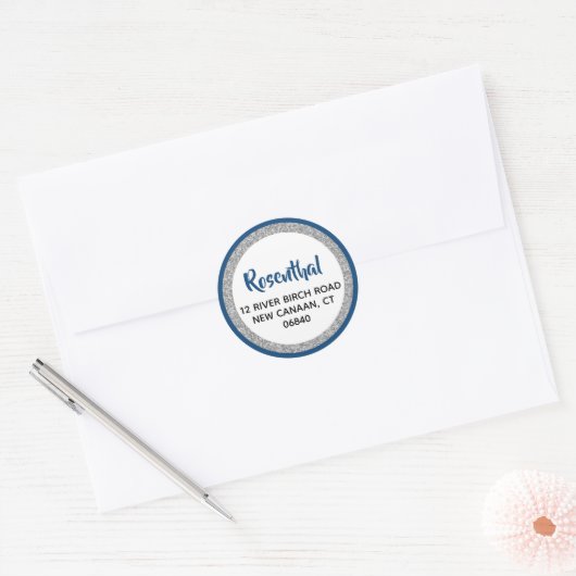 Glittery Navy Blue & Silver Retouradres Ronde Sticker (Envelop)