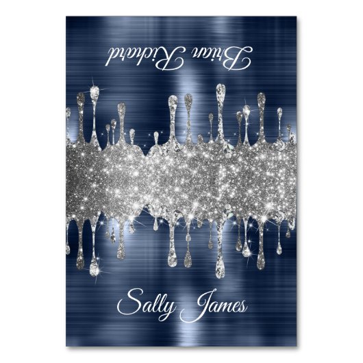 Glittery Navy Silver dript twee naamplaatskaarten Kaart (Voorkant)