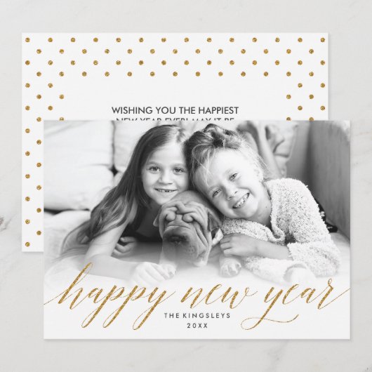Glittery Nieuwjaar Fotokaart in Faux Gold Glitter Feestdagenkaart (Voorkant / Achterkant)