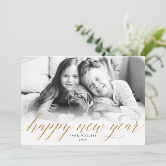 Glittery Nieuwjaar Fotokaart in Faux Gold Glitter Feestdagenkaart (Staand voorkant)