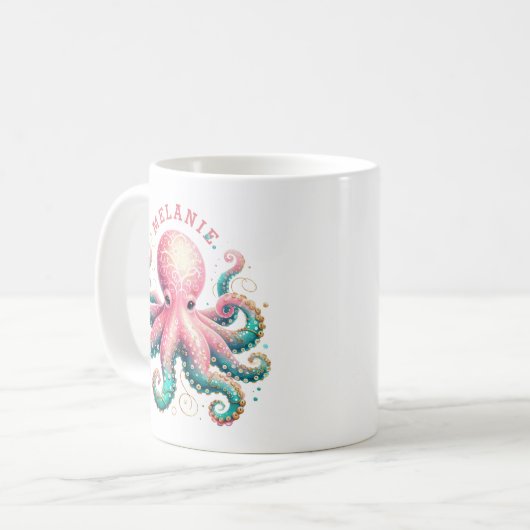 Glittery Octopus Waterverven Monogram Coffee Mok (Voorkant links)